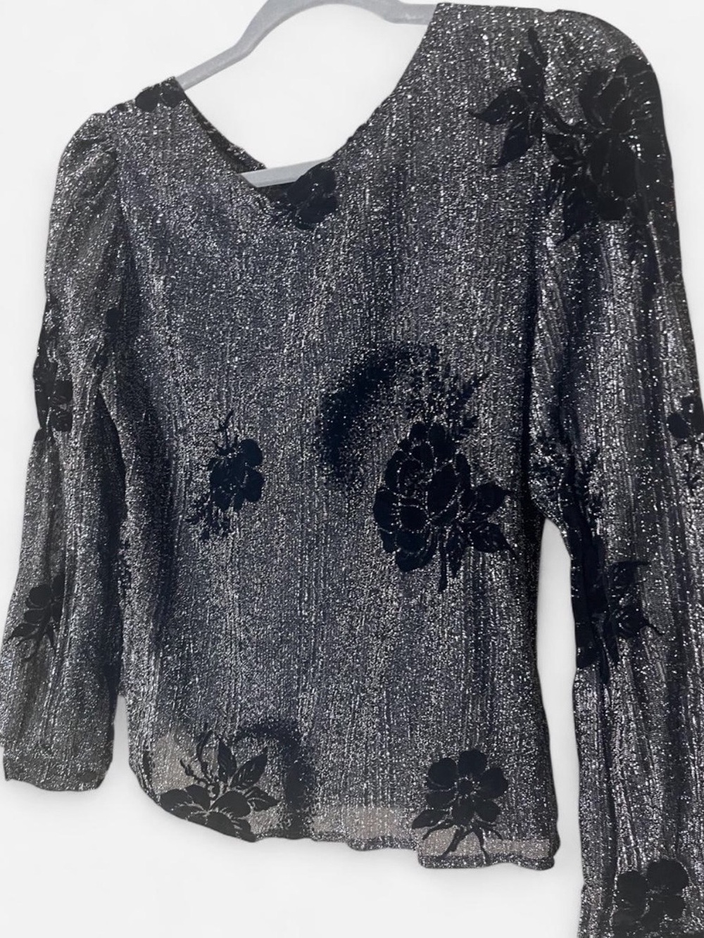 Floral Metallic Long Sleeve Blouse in Black & Silver